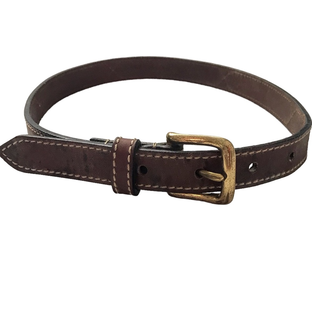 Italian Leather Belt Brown Stitched w/Solid Brass Buckle Never Worn Very Small